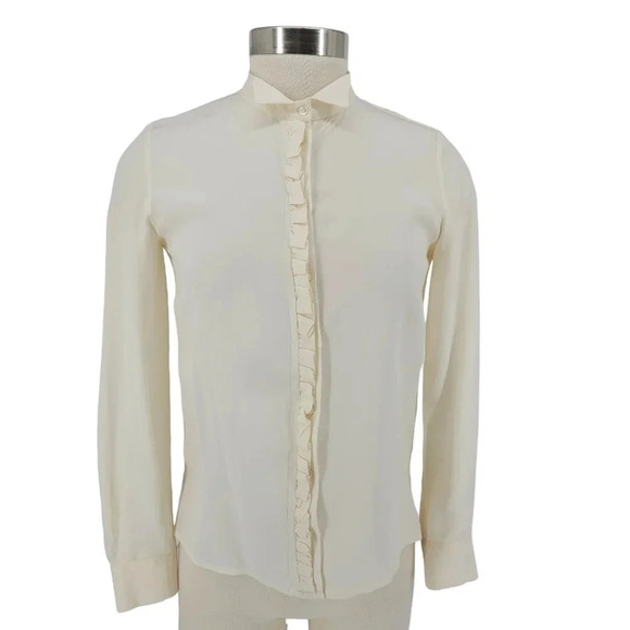 Maje Blouse Silk Ivory Ruffle Button Up Collared Long Sleeve Top Shirt - Picture 1 of 8